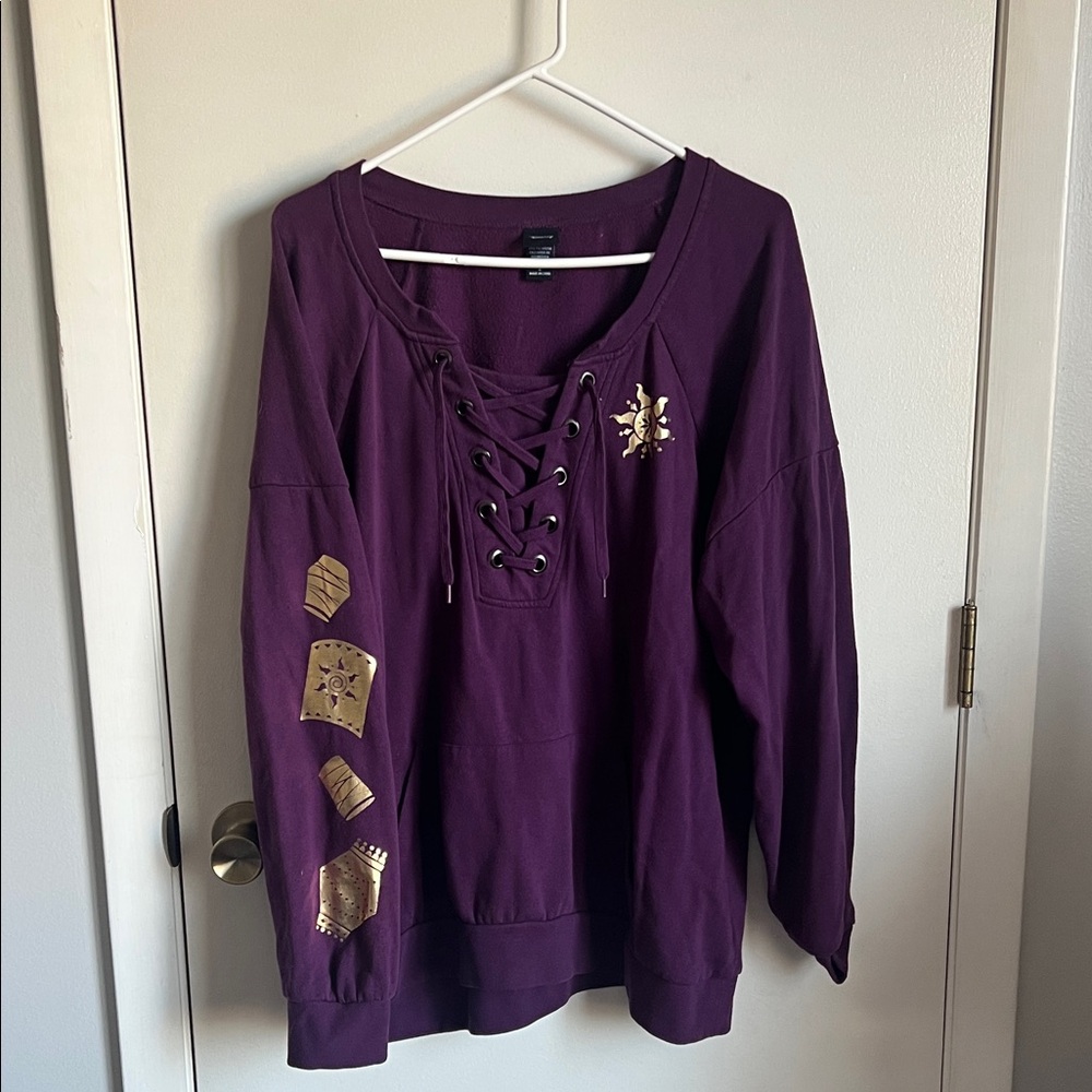 Lace-Up Purple Women's Tangled Pullover Top with Gold Accents